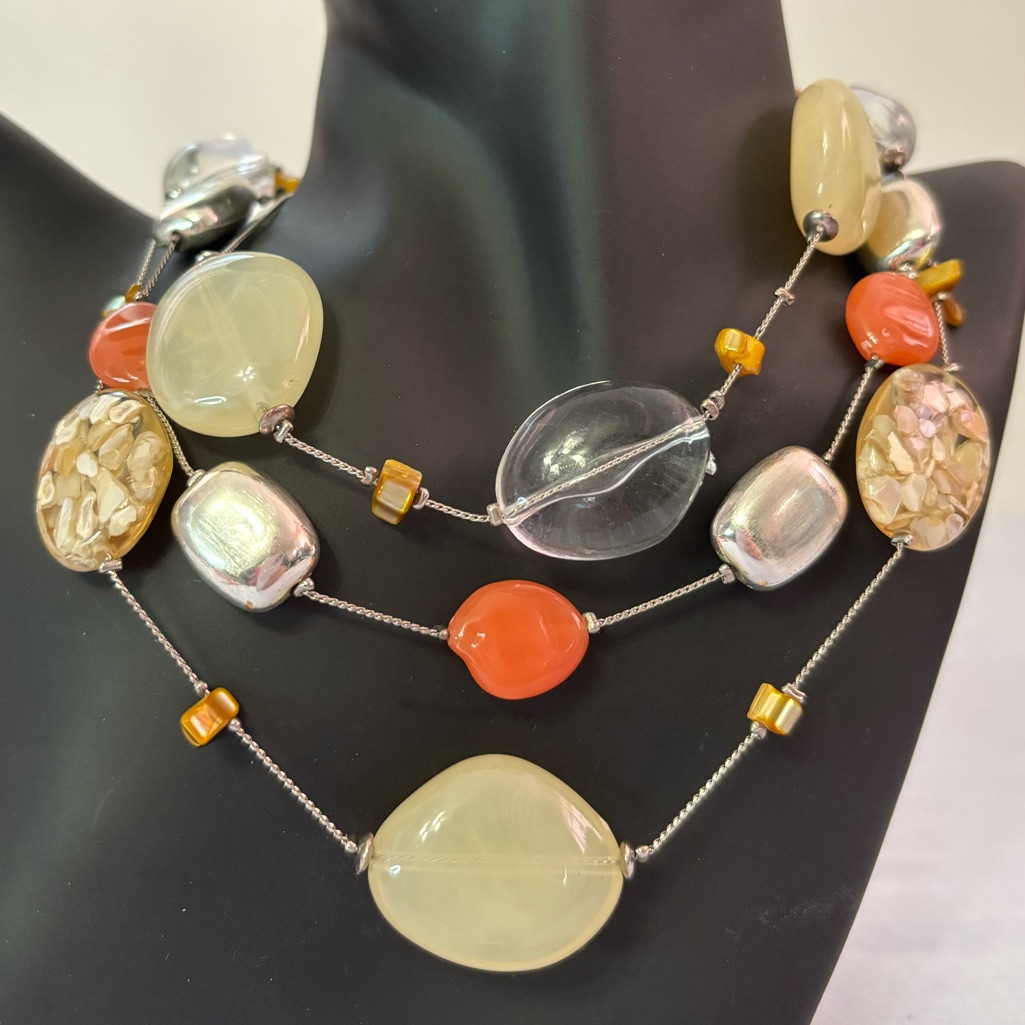 3 Strand Layered Necklace With Colored Beads (Mango, Silver, Clear & Coral)